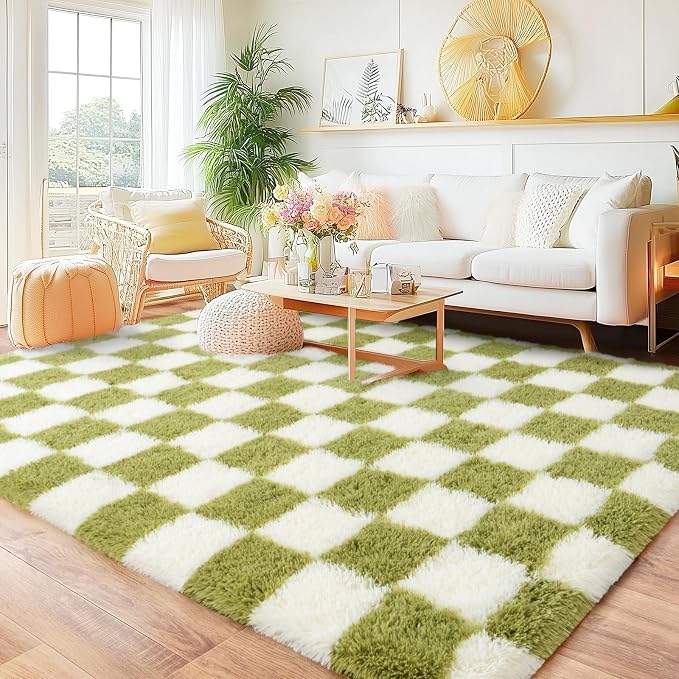 Checkered Rug 9x12 for Living Room, Ultra Fluffy Fuzzy Shag Large Area Rug for Bedroom, Modern Plush Soft Upgrade Non-Slip Carpet for Kids Girls and Boys Room Dorm Home Decor, Cream and Green