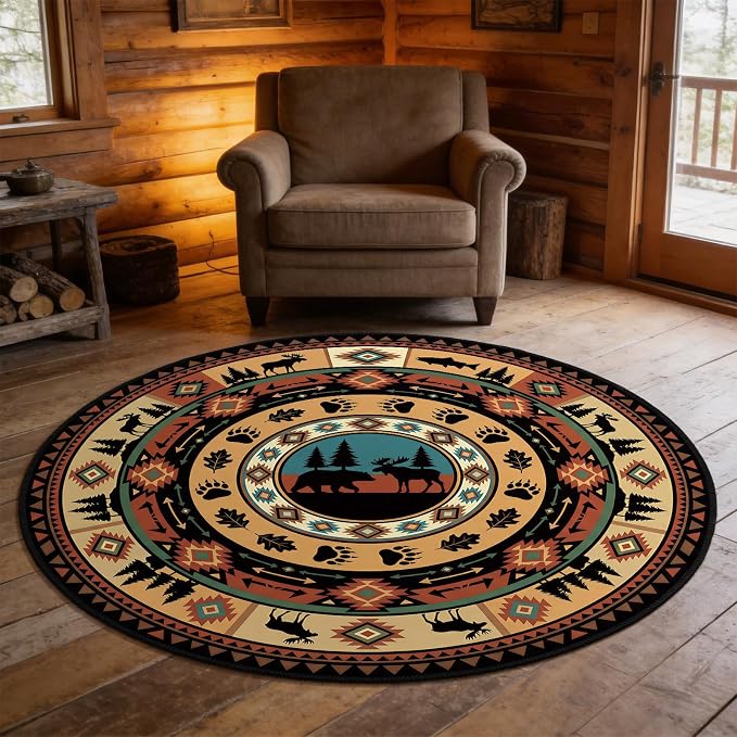 3ft Round Southwestern Tribal Area Rug Rustic Cabin Rug Lodge Decor | Secure non-slip backing and stain-resistant finish for effortless maintenance in any mountain-inspired space.