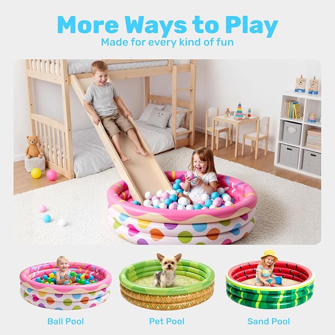 3 Pack 45" X 10" Inflatable Kiddie Pools, Watermelon & Pineapple & Cupcake Swimming Pool for Kids Seasonal Merriment, Indoor&Outdoor Water Pool Baby Swimming Pool Pit Ball Pool
