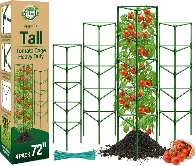 Halatool 72" Tomato Cages Heavy Duty, 4 Pack Adjustable Stakes for Garden | Extra Tall Metal plant support for Pots and Raised Bed, Large Trellis for Climbing Vegetables Cucumbers Flowers Fruits