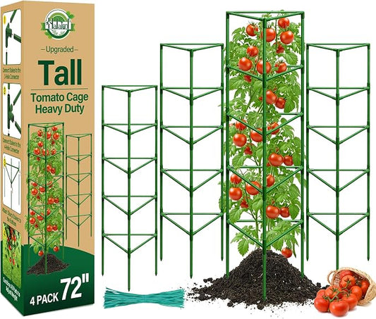 Halatool 72" Tomato Cages Heavy Duty, 4 Pack Adjustable Stakes for Garden | Extra Tall Metal plant support for Pots and Raised Bed, Large Trellis for Climbing Vegetables Cucumbers Flowers Fruits