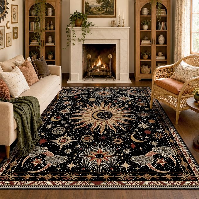 Vacuum-Friendly, 5x8 Washable Area Rug, Black Gold Beige Red | Sun and Moon Boho Gothic Non-Slip Low Pile Living Roon Bedroom Dining Room Kitchen Entry Entryway Entrance Hallway Doormat