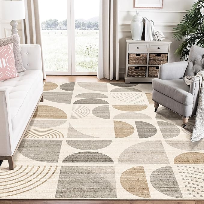 Area Rug 6x9,Washable Rugs Non Slip Modern Abstract Large | Throw Carpet for Living Room Bedroom Dining Room Boho Soft Low Pile Floor Indoor Bohemian Neutral Beige
