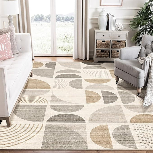 Area Rug 6x9,Washable Rugs Non Slip Modern Abstract Large | Throw Carpet for Living Room Bedroom Dining Room Boho Soft Low Pile Floor Indoor Bohemian Neutral Beige