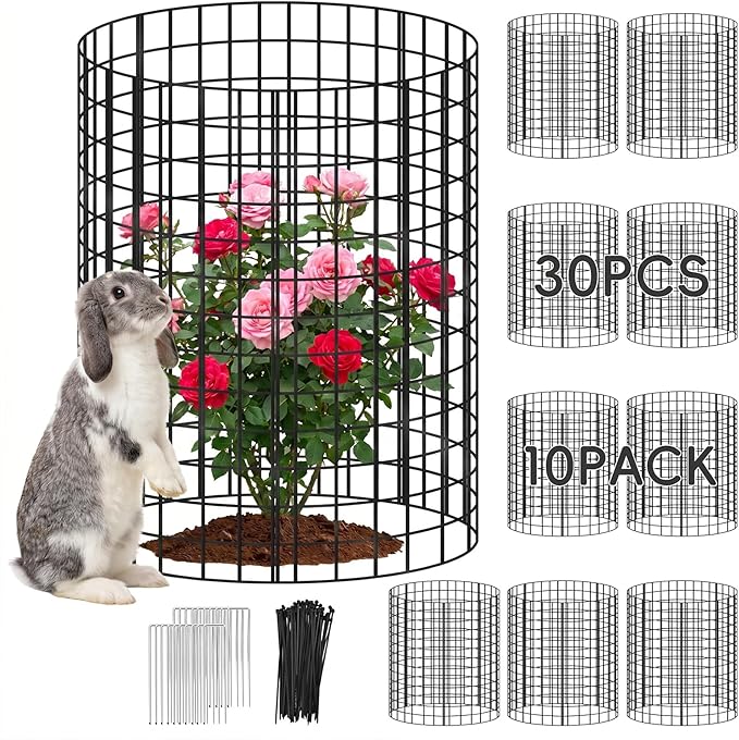 10 Packs Plant Protectors from Animals, 30Pcs 12"x 16" Large Metal Wire Mesh Garden Plant Cages for Outdoor Gardening, Chicken Wire Cloche Plant Cages for Rabbits with Zip Ties & Stakes(Black)