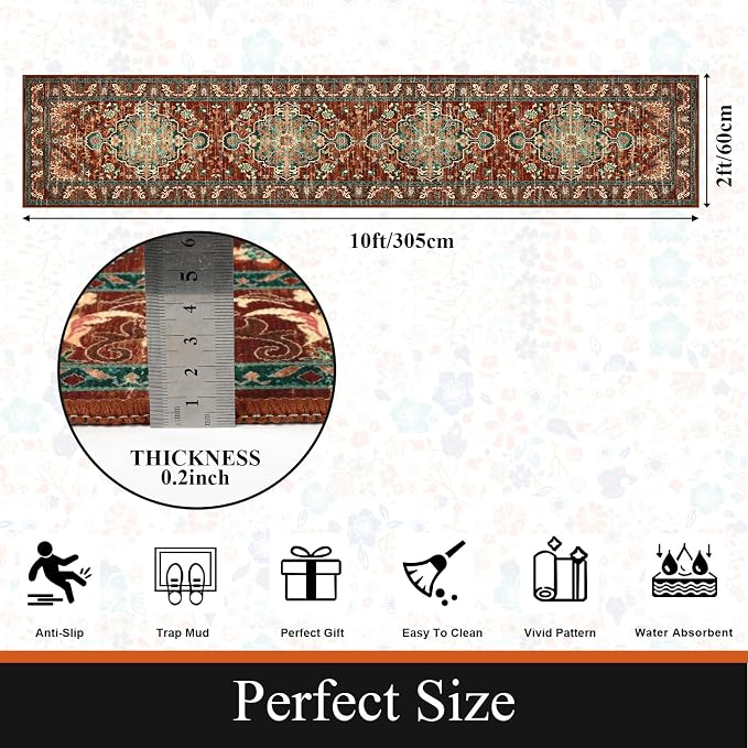 U'Artlines 2' x 10' Boho Hallway Runner Rug, Washable Carpet, Rust＆Teal | Non Slip, Vintage Farmhouse Accent Area Rug Carpet, for Kitchen Entryway Laundry and Living Room