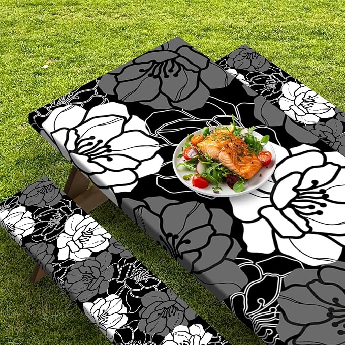 3 Piece Fitted Picnic Table Cover with Bench Covers, 72"x30" Full Elastic Edge Camping Tablecloth, Waterproof Wipeable RV Outdoor Patio Park Camping Essentials with Drawstring Bag (Flower