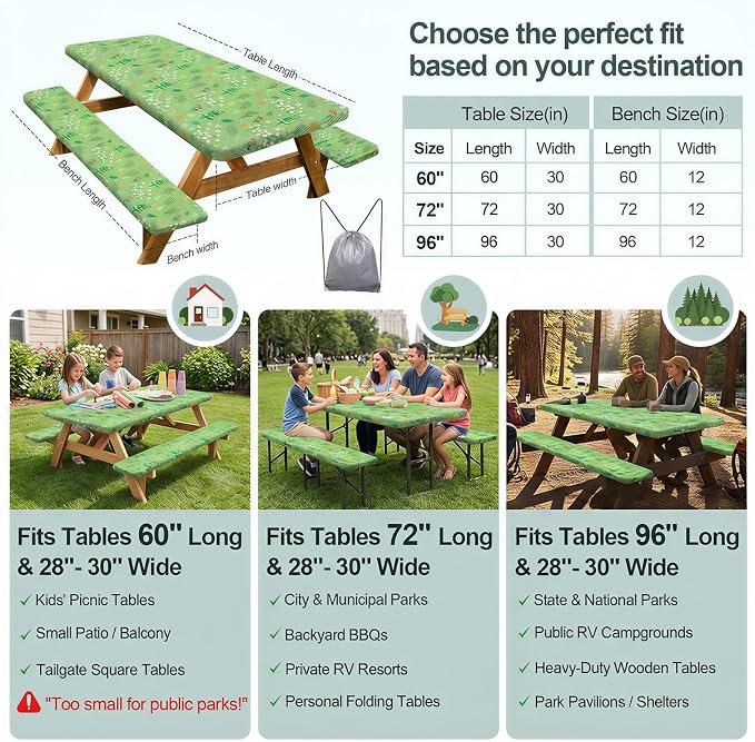 Picnic Table Cover with Bench Covers Camping Essentials Waterproof Windproof Camping Tablecloth with Drawstring Bag, Fitted Rectangle Tables and Seats, 60in, Grass Green