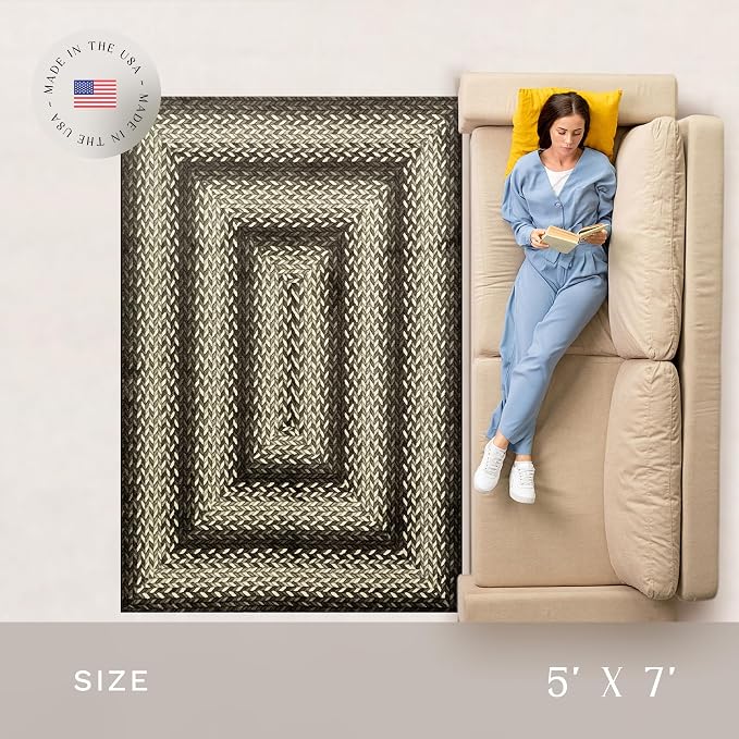 Maples Rugs Marion Bohemian Braided-Style Print Area Rug – Made in USA – Washable, Non-Slip Low-Profile Small Indoor Rug for Entryway & Kitchen, 46" x 30", Black