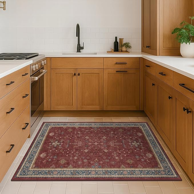 Washable 3x4 Rugs for Entryway - Burgundy Large Kitchen Rug, Non Slip Inside Door Mats for Home Entrance, Unique Bohemian Red Low Pile Thin Carpet for Bedroom Bedside, Foyer