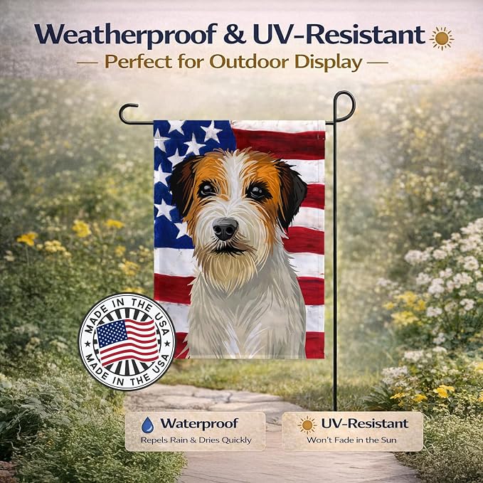 Caroline's Treasures CK6678GF Russell Terrier Dog American Flag Garden Flag Mailbox Flag Decorative Yard Flag Banner Outside Patio Artwork Yard Flower Beds, Garden Size, Multicolor