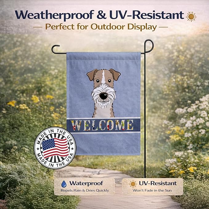 Caroline's Treasures BB1433GF Wire Haired Fox Terrier Welcome Garden Flag, Blue Mailbox Flag Decorative Yard Flag Banner Outside Patio Artwork Yard Flower Beds, Garden Size, Multicolor