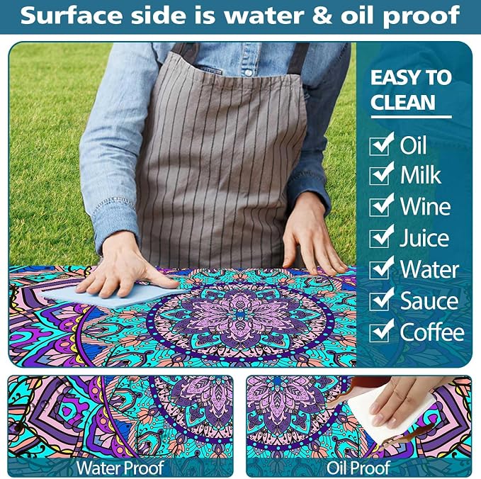 Picnic Table Cover with Bench Cover, Boho Table Covers with Elastic Waterproof Camping Tablecloth with Drawstring Bag, Outdoor Travel Rv Patio Camping Essentials, 96In 3PCS