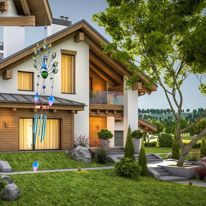 Pearlstar Solar Wind Chimes Outdoor, Gifts for Mom Women, 53.5" Large Metal Peacock Wind Chimes Light with Crackle Glass Ball, Waterproof for Garden Patio Yard Home Decor
