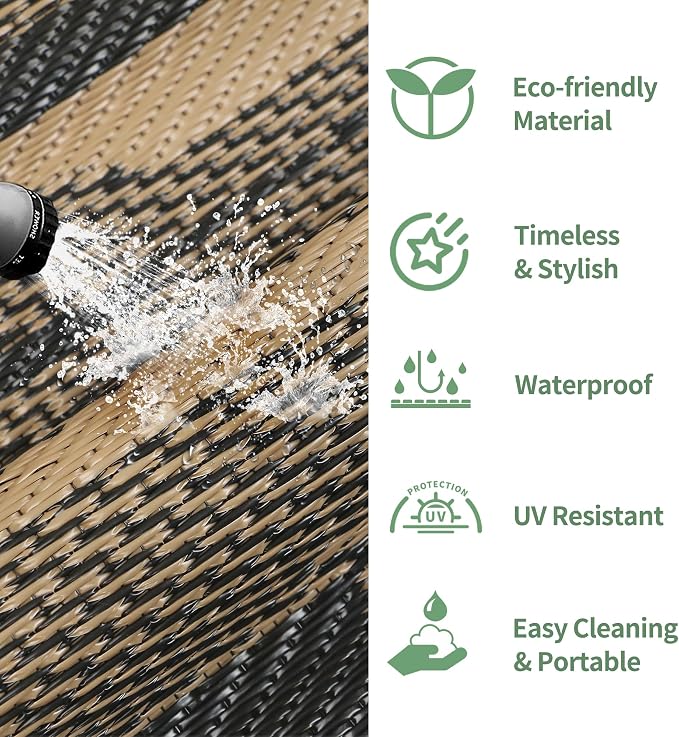 GENIMO Outdoor Rug for Patio Clearance, 6'x9' Waterproof Camping Mat, Reversible Plastic Straw Rugs for RV, Camper, Balcony, Backyard, Picnic, Deck (Black Brown)