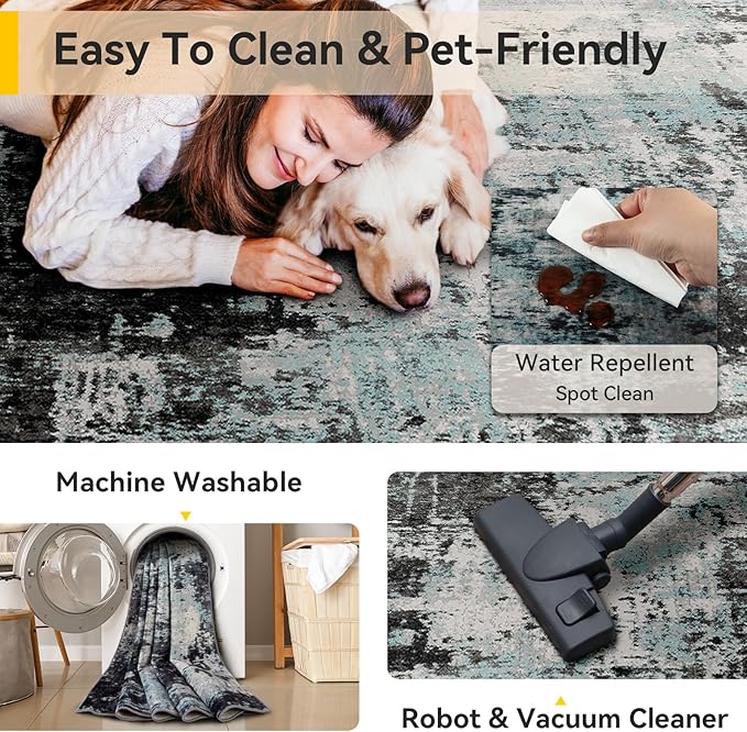 RELEANY Washable 8'x10' Abstract Area Rug for Living Room Teal Black | Carpet for Bedroom, Kitchen, Office, Hallway and Entryway, Printed Pattern, Non‑Slip, Soft, Stain‑Resistant, Easy to Clean