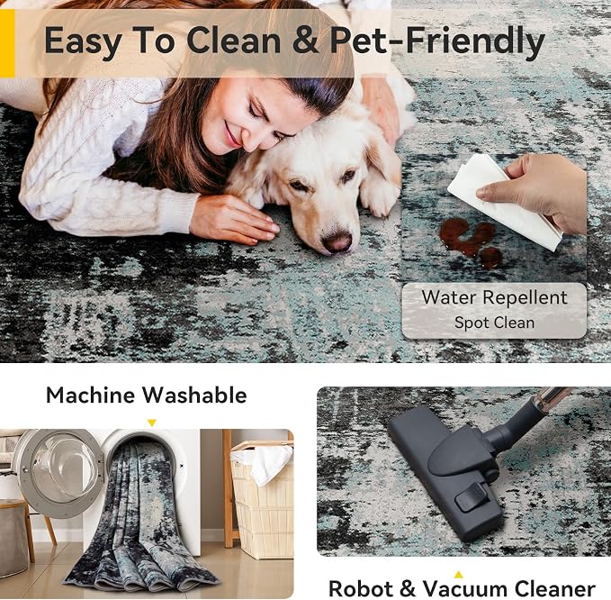 RELEANY Washable 4'x6' Abstract Area Rug for Living Room Teal Black | Carpet for Bedroom, Kitchen, Office, Hallway and Entryway, Printed Pattern, Non‑Slip, Soft, Stain‑Resistant, Easy to Clean