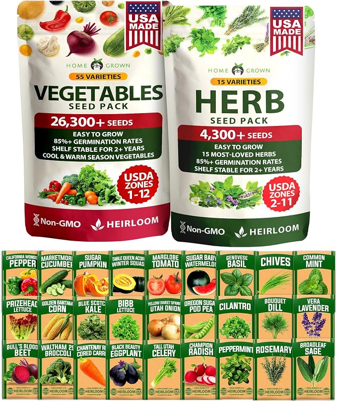 HOME GROWN 70 Variety Vegetable & Herb Seeds 30,600+ USA Non-GMO Heirloom Survival Seeds Garden Kit for Spring, Fall, Winter Indoor & Outdoor Planting Starter Set for Home Gardeners & Preppers