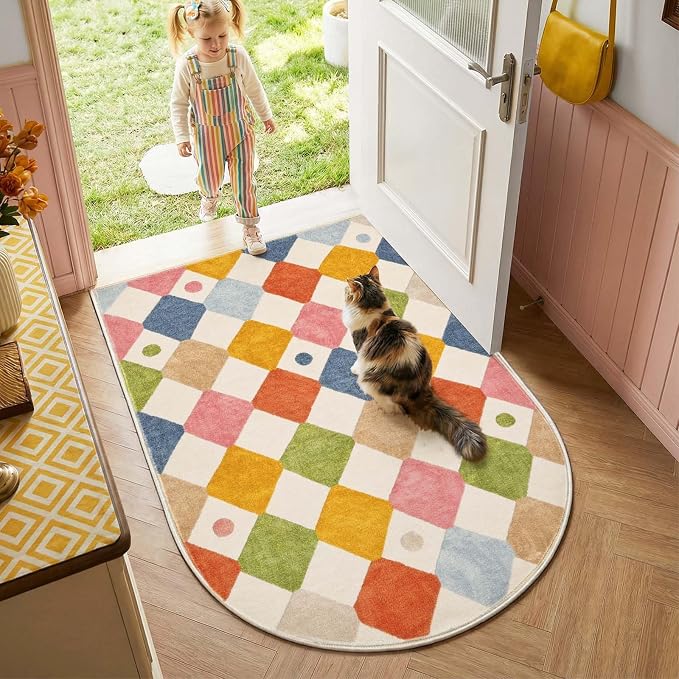 jinchan 3x5 Washable Kids Rug Colorful Nursery Study Corner Arch Chair Mat | Soft, Non-Slip, Cute, Whimsical, Kid-Friendly, Dirt Trapping, Checkered Diamond, Cream Background, Doormat, Bedroom, Dorm