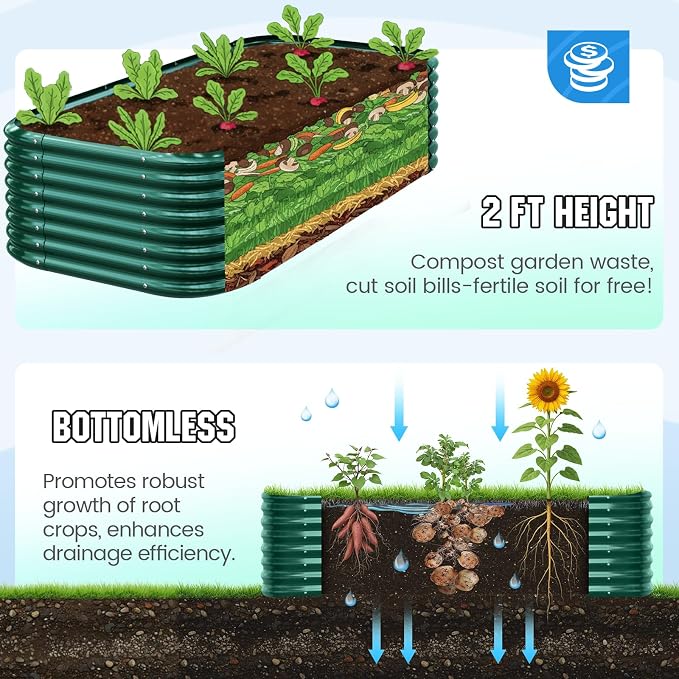 Quictent Galvanized Raised Garden Bed Kit, 8x4x2 ft Oval Metal Planter Box Tall for Vegetables Outdoor Backyard, Strengthened by Crossbar, Dark Green