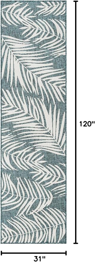 Unique Loom Outdoor Botanical Collection Area Rug - Palm (2' 7" x 10' Runner Teal/Ivory)