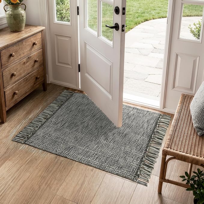 Modern Farmhouse Bathroom Rug, 2' x 3' Small Entryway Rugs | Hand Woven Washable Kitchen Rugs, Grey Low Profile Front Door Mat Reversible Braided Carpet for Porch Back Bedroom Decor