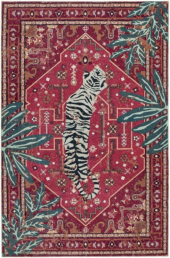 Tribal Rugs Summer Tropical 5x7 Area Rugs Wine Red Traditional Boho Vintage Oriental Rug Carpet for Bedroom Kitchen Dining Living Room Indoor Entryway Washable