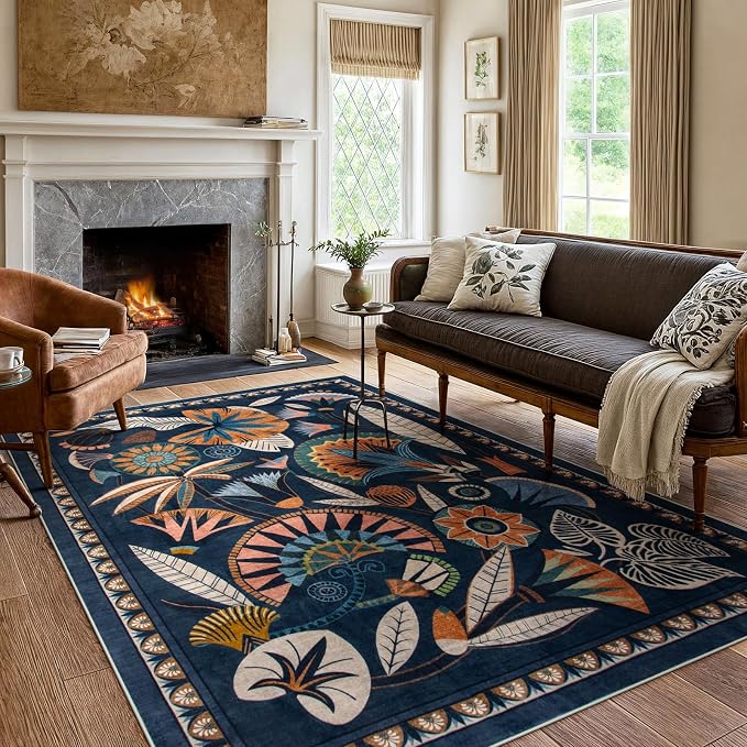 Zealude Egypt Floral Washable 5x7 Area Rug for Living Room, Large Boho Bedroom Dining Room Rugs for Under Table, Vintage Non Slip Soft Throw Carpet for Playroom Office Apartment (Dark Blue, 5 x 7)
