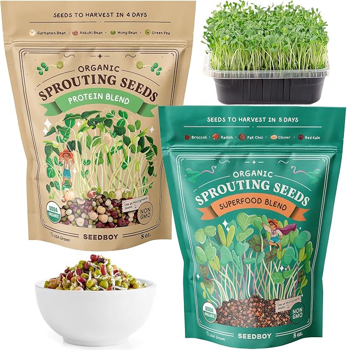 Seedboy Organic Non-GMO Sprouting Seeds, Superfood & Protein Blend - 2 Pack Bundle - USA Grown Sprouting & Microgreens Seeds - Two 8 oz Bags Makes 14 Quarts / 56 Servings (Superfood/Protein)