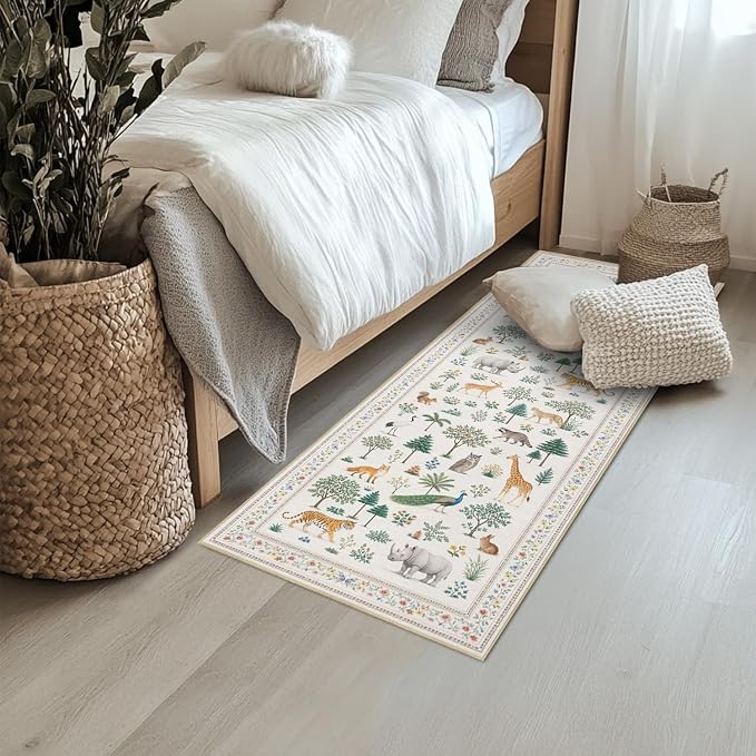 Jungle Animal Runner Rug 2x6 for Hallway Kitchen Bedroom Neutral Beige Wild Animal Forest Runner Rugs Machine Washable Non-Slip Print Low Pile Long Floor Carpet for Nursery Entryway Playroom Bathroom