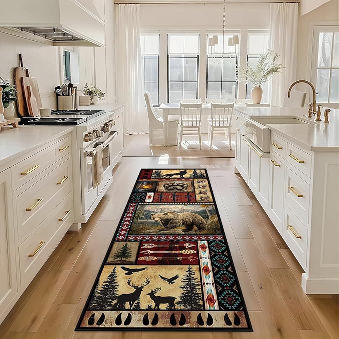 Cabin Runner Rug 2x6 for Hallway, Rustic Bear Area Rug, Western Decor Non-Slip Low-Pile Machine Washable Indoor Floor Carpet for Living Room Bathroom Kitchen Laundry Room