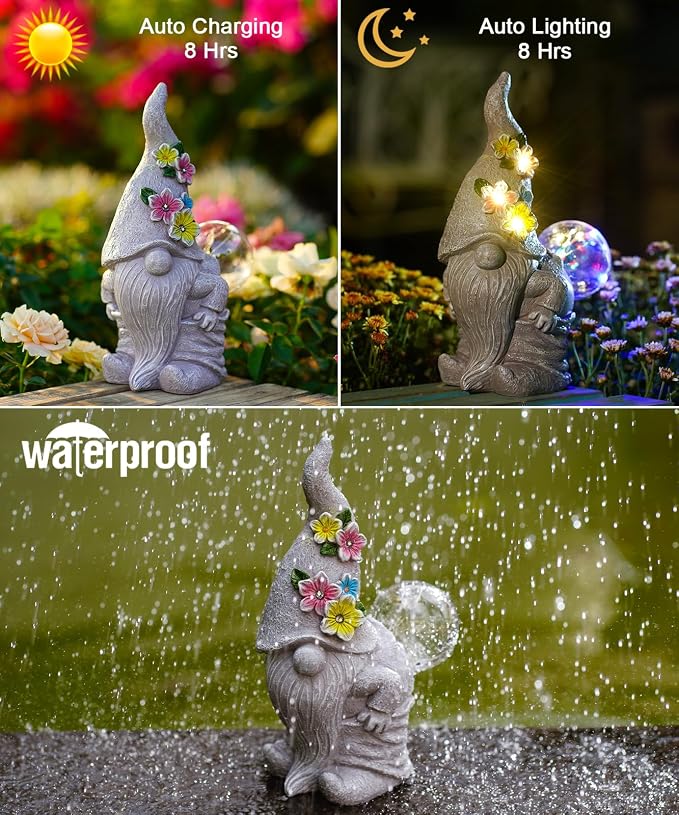 Nacome Solar Funny Gnome for Garden Decor: Durable Resin Statue All-Weather Automatic On/Off Switch Bubble Outdoor Outside Patio Porch Front Pathway - Gifts for Mom Grandma Lady
