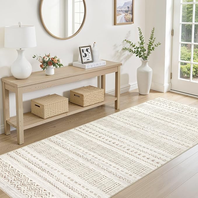 cotiled Hallway 3x8 Runner Rugs Washable Boho Moroccan Soft Rug | Non-Slip Stain Resistan Carpet for Entryway Kitchen Laundry Brown Cream