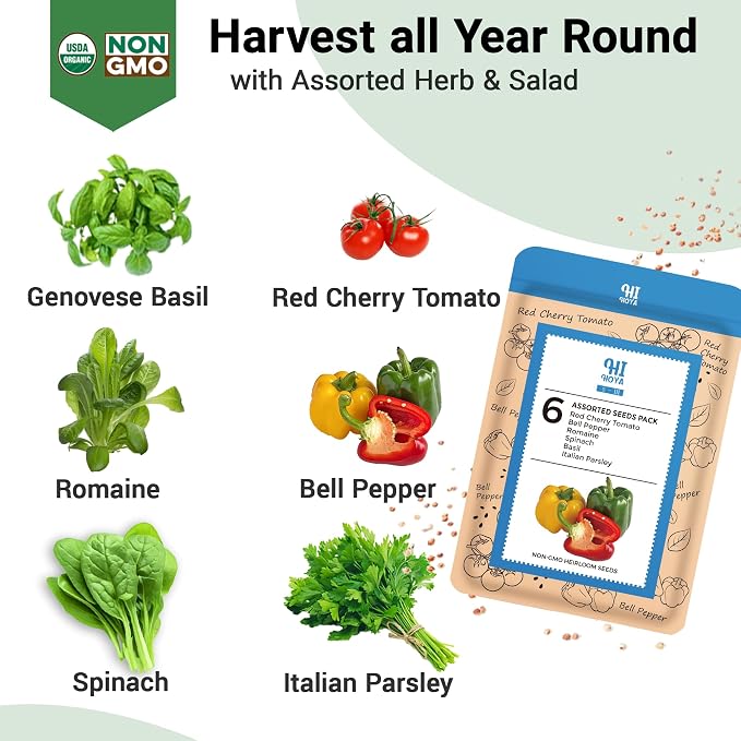 Herb & Salad Seed Pods for All Hydroponics Growing Systems, 8 Pods with 600+ Seeds of Basil, Spinach, Romaine, Red Cherry Tomato, Italian Parsley and Bell Pepper