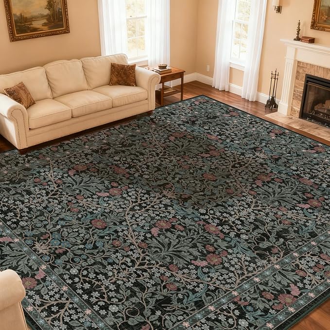 Area Rug for Living Room, 10x12 Large Washable Rugs for Dining Room, Bedroom, Non Slip Stain Resistant Carpet, Low Pile Vintage Floral Rug (Dark Green)