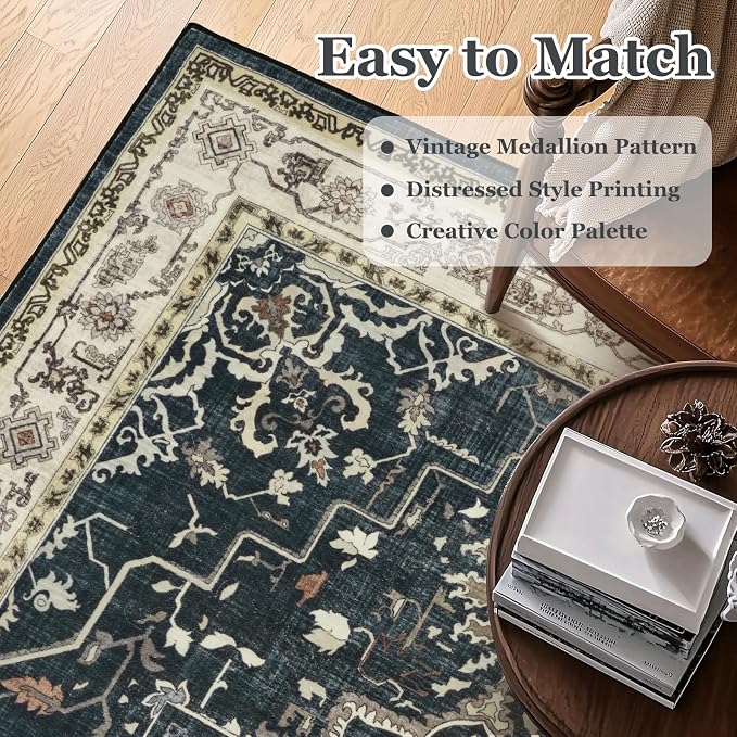Farmhouse Distressed 3x5 Area Rugs for Entryway Foyer, Washable Non Slip Low Pile Throw Rugs for Kitchen, Vintage Medallion Pinted Carpet for Bedroom/Bathroom/Home Office, Midnight/Multi