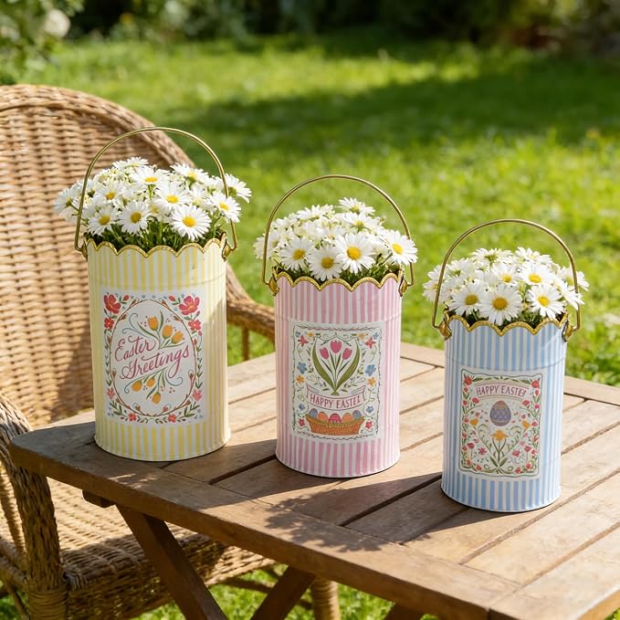 Set of 3 Vintage Spring Metal Planter with Handle, Decorative Floral Bucket Cute Striped Design Flower Pots for Garden & Home Decor