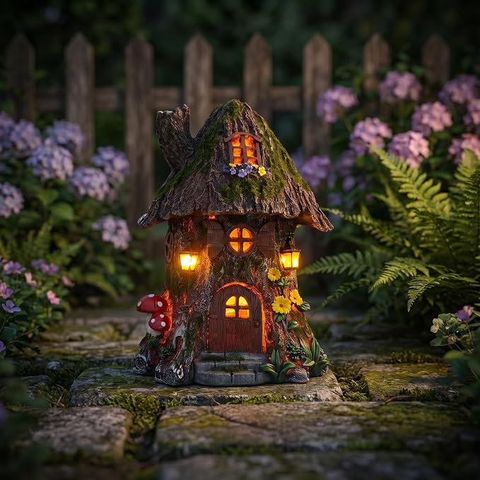 COWOS Solar Powered Mossy Tree House Sculpture with Doors, Windows, Street Lamp & Chimney - LED Outdoor Garden Decor