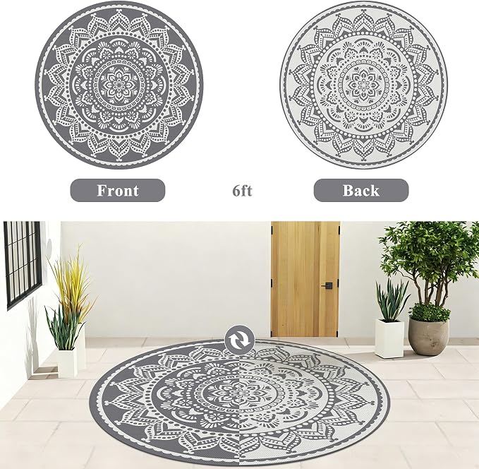 Bsmathom Waterproof Outdoor Rug 6ft Round Reversible Boho Plastic Straw Patio Deck Camping Rugs, Indoor Outdoor Portable RV Mat Carpet for Outside, Porch, Balcony, Backyard, Beach, Pool,Grey