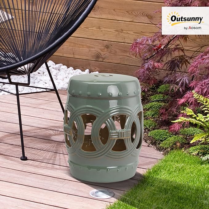 Outsunny 14" x 17" Ceramic Garden Stool with Double-Coin Knotted Ring Design & Strong Glazed Material, Decorative Outdoor Stool, Home Collection, Green