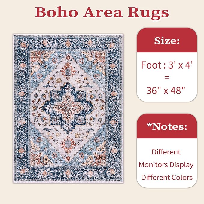SERISSA 3x4 Washable Non Slip Boho Area Rug for Entryway，Blue Orange | Ultra Soft Vintage Oriental Carpet Low-Pile Distressed Tribal Indoor Entrance Carpet for Kitchen Bedroom Living Room Dorm