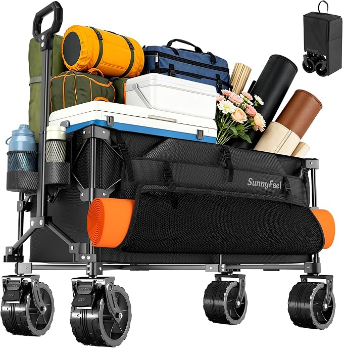 SUNNYFEEL 300L Wagon Cart Foldable - 550LBS Heavy Duty Collapsible Wagon with Big All-Terrain Wheels & Brakes, Extra Large Folding Utility Wagon for Camping, Grocery, Sports, Garden, Beach, Black
