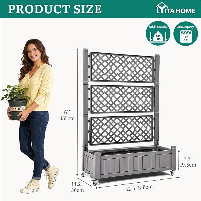 YITAHOME 43.3x17.7x61 in Planter Boxes Outdoor with Trellis, Resin Raised Garden Bed with Wheels & Drain Plug for Climbing Plants, Weather-Resistant Design Elevated Garden Bed with Trellis, Brown