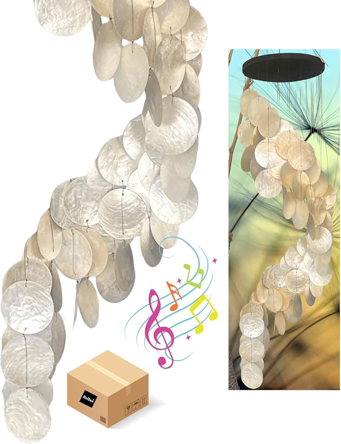 Bellaa 24537 Wind Chimes Outdoor, Garden Decorations, Musical, Indoor/Outside Windchimes, Beach, Ocean Breeze, Gifts for Mom, Gift for All Occasions, Capiz Sea Glass Shells Wood 27 inch White Gold