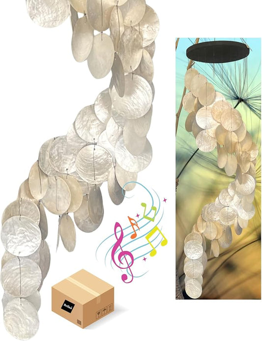 Bellaa 24537 Wind Chimes Outdoor, Garden Decorations, Musical, Indoor/Outside Windchimes, Beach, Ocean Breeze, Gifts for Mom, Gift for All Occasions, Capiz Sea Glass Shells Wood 27 inch White Gold