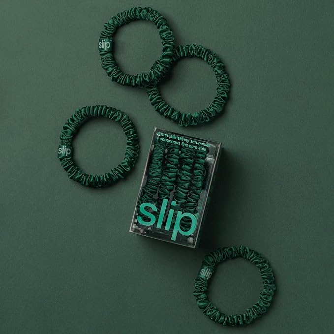 Slip Silk Hair Ties — Skinny Silk Forest Scrunchies, No Damage, No Crease, Anti-Breakage |100% Mulberry Silk | All Hair Types | Made with Proprietary Slipsilk™ | Set of 4