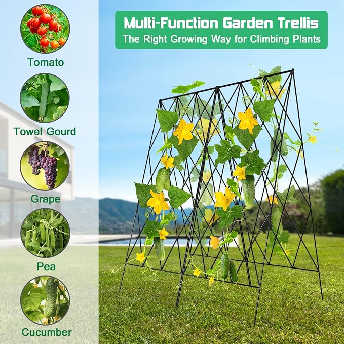 DoCred Cucumber Trellis, 39.4" H 2 Pack Metal Foldable Thickened A Frame Garden Trellis for Raised Bed Climbing Plants, Vegetables, Including Plant Support Clips, Twist Ties, Plastic Ties, Black