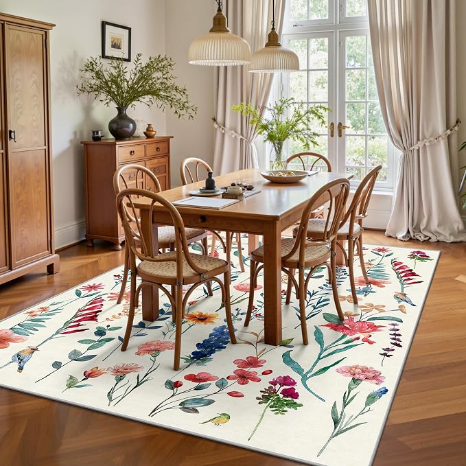 6x9 Area Rugs, Washable Floral Area Rugs for Living Room, Indoor Area Rug for Bedroom, Dining Room, Low Pile Non-Slip Non Shedding Rugs(Beige Floral)