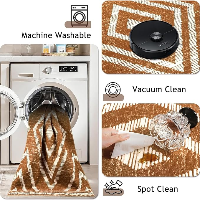 Boho Brown Area Rugs 8x10ft Non Slip, Large Low Pile Washable Rugs for Living Room, Soft Bedroom Area Floor Carpets for Dining Room Kids Nursery Playroom Farmhouse Office