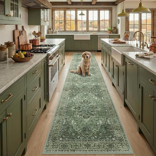 RELEANY Washable Area Rug, Runner 2'x10', Green/Dark Green/Gray | Non-Slip, Water Repellent, Pet Friendly, Easy to Clean, Vintage Floral Boho Decor for Kitchen Hallway Bedroom Laundry